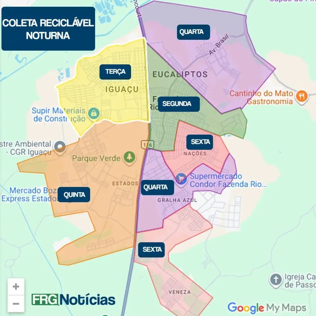 Mapa colorido de Fazenda Rio Grande indicando os dias da semana para a coleta de lixo reciclável no período noturno. Os bairros Iguaçu (terça), Eucaliptos (segunda/quarta), Nações (sexta), Gralha Azul (quarta), Estados/Parque Verde (quinta) e Veneza (sexta) estão sinalizados com etiquetas azuis contendo os dias correspondentes.