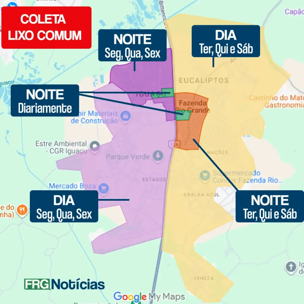 Mapa de Fazenda Rio Grande detalhando a coleta de lixo comum (rejeitos). O mapa mostra divisões por cores: áreas com coleta diurna às segundas, quartas e sextas (roxo claro); terças, quintas e sábados (amarelo); e áreas com coleta noturna diária (setor central em verde/laranja), além de turnos noturnos alternados em outras regiões.