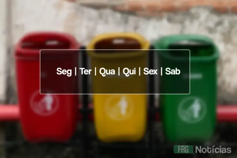 Três lixeiras coloridas lado a lado com a inscrição Seg | Ter | Qua | Qui | Sex | Sab centralizada sobreposta, representando o cronograma semanal de coleta de lixo em Fazenda Rio Grande.