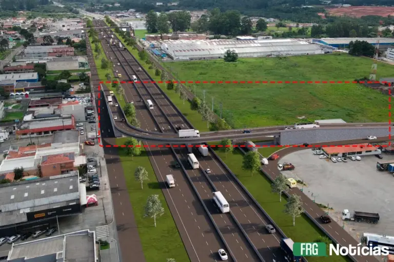Projeção aérea em 3D da rodovia BR-116 em Fazenda Rio Grande. Um retângulo tracejado em vermelho destaca o novo viaduto de transposição que conectará os bairros, passando por cima das pistas principais da rodovia. O selo do portal FRG Notícias está no canto inferior direito.