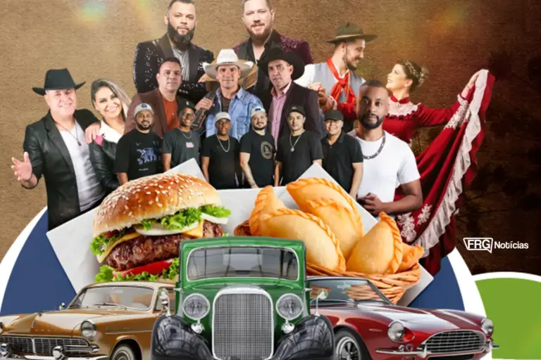 Cartaz promocional da festa do Dia do Trabalhador em Fazenda Rio Grande, destacando um grupo de músicos, pratos de comida como hambúrguer e pastéis, e carros clássicos em destaque.