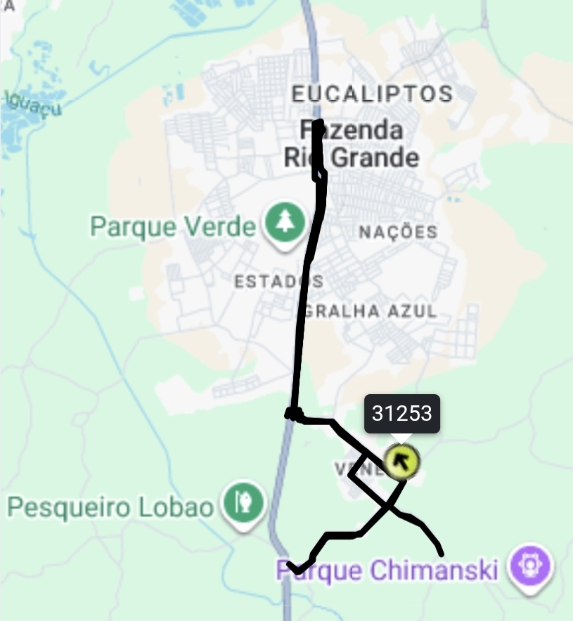 Itinerário F25 Veneza/Pedágio. Rota detalhada do ônibus