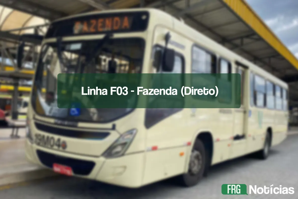 Ônibus da linha F03 Fazenda Rio Grande (Direto) parado no terminal, com logomarca do portal FRG Notícias.