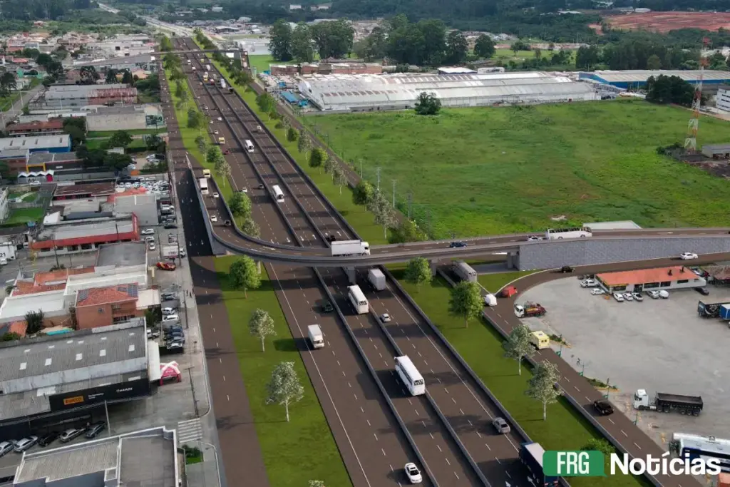 Ampla visão aérea projetada em 3D (render) mostrando a rodovia BR-116 em Fazenda Rio Grande com os novos viadutos de transposição. A imagem revela as pistas da rodovia com fluxo livre, sem semáforos, e o viaduto elevando-se sobre ela para conectar os bairros de forma segura. Árvores e veículos são visíveis nas marginais e no viaduto. O selo do FRG Notícias está no canto inferior direito.