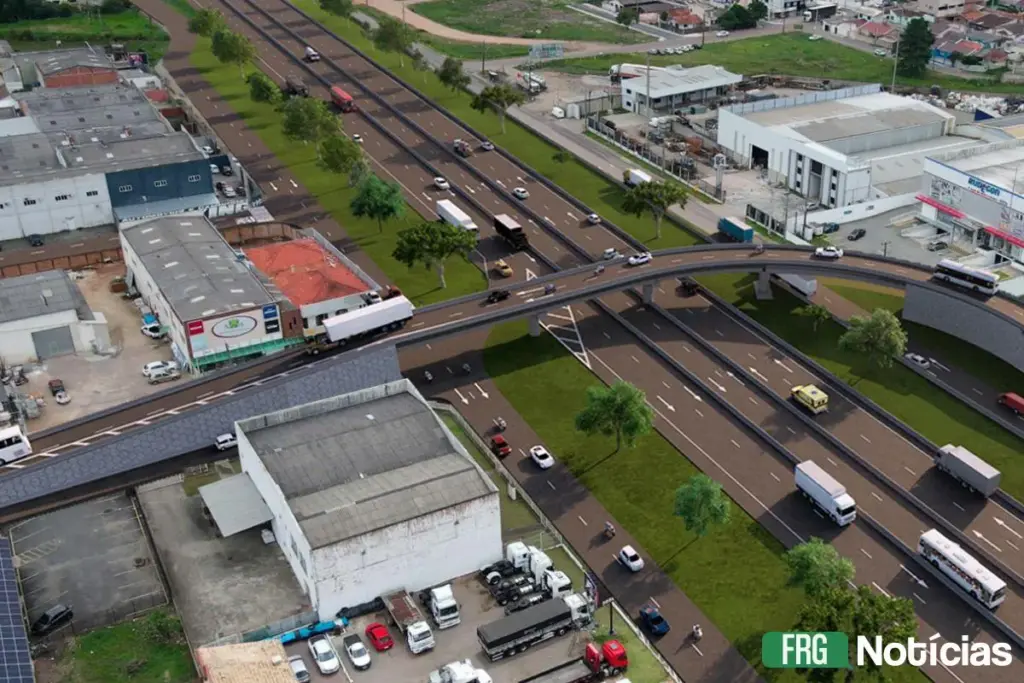 Projeção digital em 3D (render) de um novo viaduto sobre a rodovia BR-116 em Fazenda Rio Grande. A imagem mostra a estrutura elevada conectando os dois lados da cidade na região da empresa Rudegon, com veículos circulando tanto na rodovia quanto no viaduto. O selo do FRG Notícias está no canto inferior direito.
