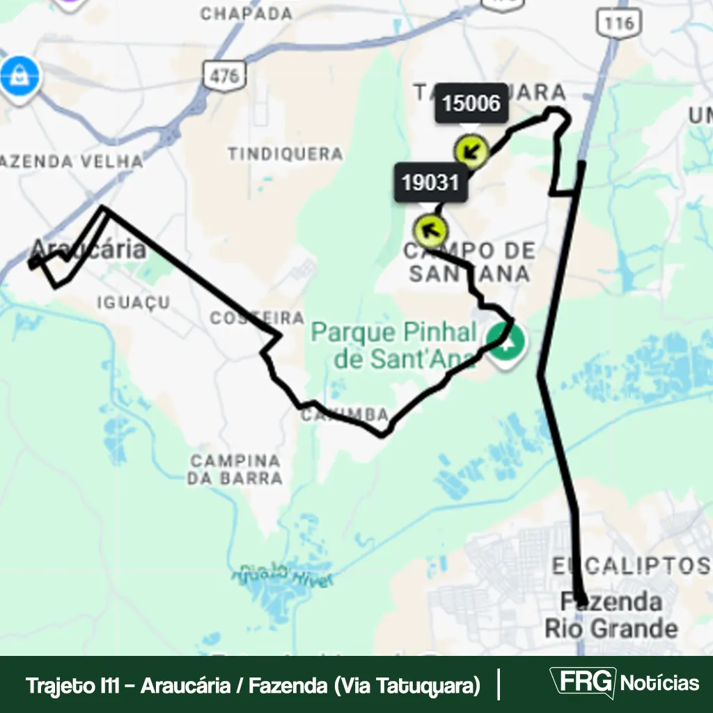 Mapa geográfico ilustrando o trajeto da linha de ônibus I11 em uma linha preta contínua.