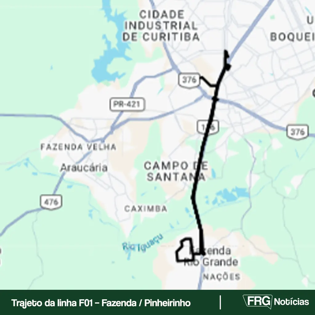 Mapa do trajeto da linha de ônibus metropolitana F01 que liga Fazenda Rio Grande ao Terminal Pinheirinho, em Curitiba.