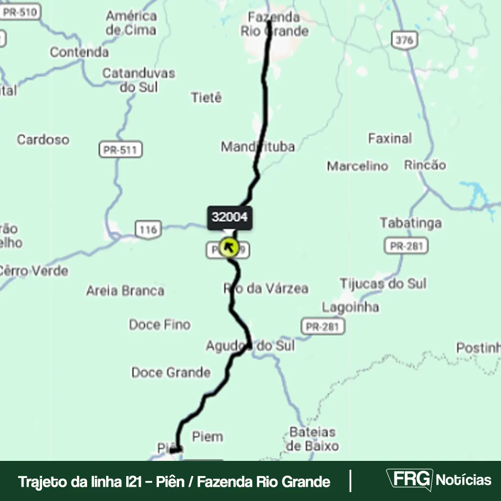 Mapa geográfico com fundo verde claro destacando em uma linha preta espessa o trajeto da linha de ônibus I21.