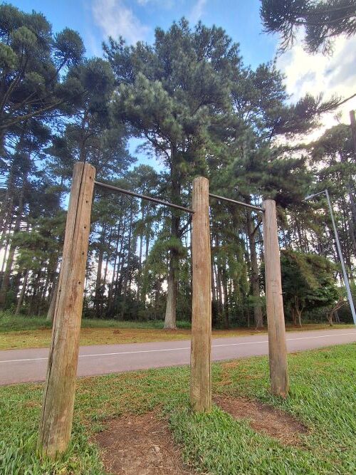 Fotografia em ângulo baixo (de baixo para cima) de uma estrutura de barra fixa feita de troncos de madeira e barras de ferro. O equipamento está em um gramado verde, com a pista de caminhada ao fundo e cercado por pinheiros altos e araucárias sob um céu azul com nuvens.