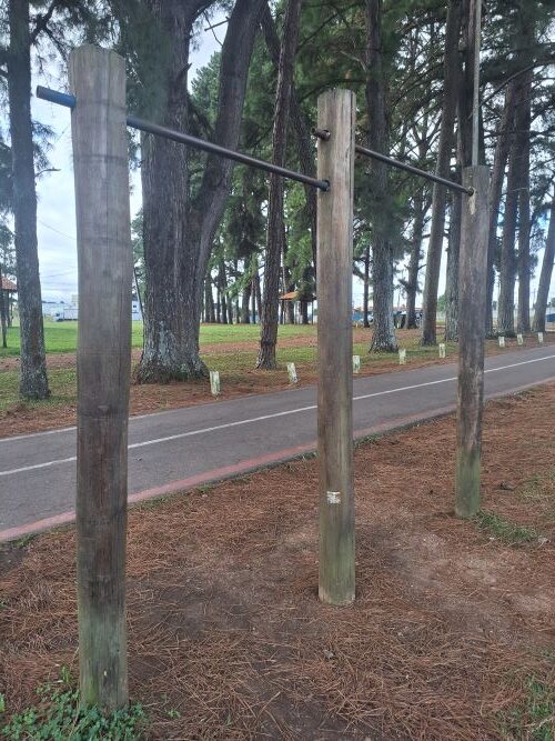 Equipamento de barra fixa para exercícios ao ar livre, composto por três troncos verticais de madeira tratada interligados por barras metálicas escuras em diferentes alturas. O equipamento está instalado sobre um solo coberto por agulhas de pinheiro, próximo à pista de caminhada e cercado por árvores altas.