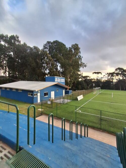 Vista parcial das arquibancadas azuis de um estádio, com foco em um prédio administrativo azul e o campo de futebol de grama sintética ao lado. Ao fundo, uma mata densa e araucárias sob um céu nublado ao entardecer.