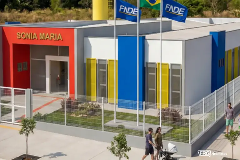 Fachada da Unidade de Educação Infantil Sonia Maria em Fazenda Rio Grande, com arquitetura moderna nas cores vermelho, azul e amarelo.