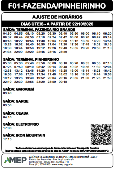 Tabela de horários de dias úteis da linha de ônibus metropolitano F01-Fazenda/Pinheirinho, válida a partir de 22/10/2025. Documento oficial da AMEP com horários de saída dos terminais de Fazenda Rio Grande e Pinheirinho.