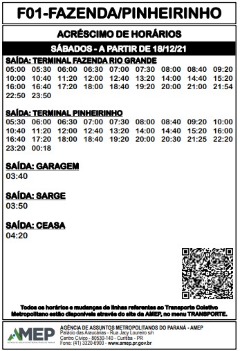Tabela oficial da AMEP mostrando o acréscimo de horários de sábados para a linha de ônibus metropolitano F01-Fazenda/Pinheirinho, em vigor a partir de 18/12/21. Contém horários de saída dos terminais de Fazenda Rio Grande e Pinheirinho.