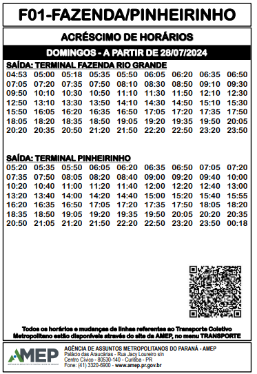 Tabela oficial da AMEP detalhando o acréscimo de horários de domingos para a linha de ônibus metropolitano F01-Fazenda/Pinheirinho, em vigor a partir de 28/07/2024. Mostra as partidas programadas dos terminais de Fazenda Rio Grande e Pinheirinho.