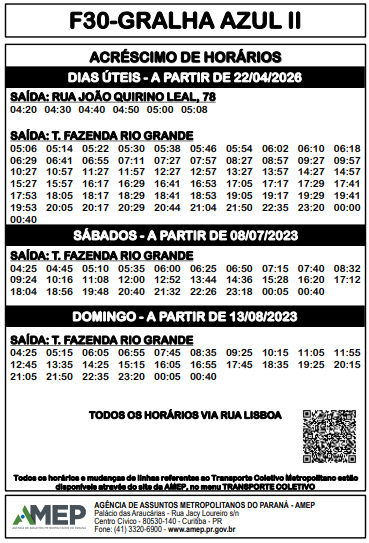 Tabela oficial com os novos horários e acréscimo de viagens da linha de ônibus F30-Gralha Azul II em Fazenda Rio Grande, detalhando saídas nos dias úteis, sábados e domingos via Rua Lisboa. Fonte: AMEP.