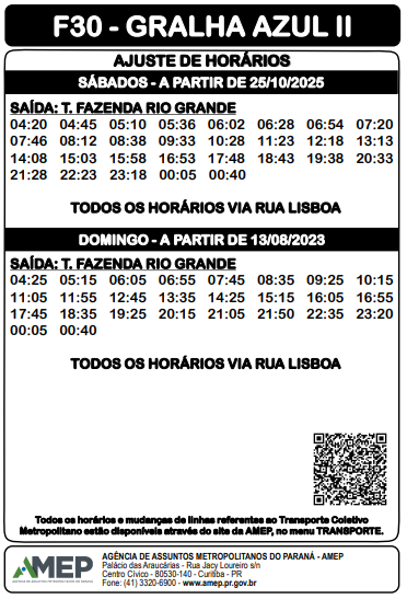 Tabela informativa oficial da AMEP mostrando o ajuste de horários de fim de semana para a linha de ônibus F30-Gralha Azul II em Fazenda Rio Grande, com saídas do terminal aos sábados e domingos via Rua Lisboa.