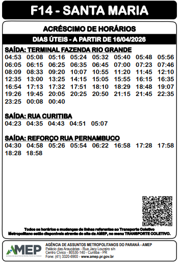 Tabela oficial de acréscimo de horários de ônibus da linha F14 - Santa Maria, em Fazenda Rio Grande, para dias úteis a partir de 16/04/2026. O documento traz os horários de saída do Terminal Fazenda Rio Grande, Rua Curitiba e Reforço da Rua Pernambuco, emitido pela AMEP.