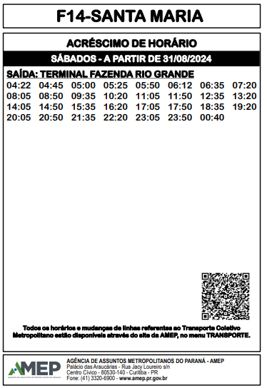 Cartaz informativo da AMEP mostrando o acréscimo de horários da linha F14 - Santa Maria aos sábados, partindo do Terminal Fazenda Rio Grande, em vigor desde 31/08/2024. Contém a tabela completa de viagens e o QR Code oficial da agência.