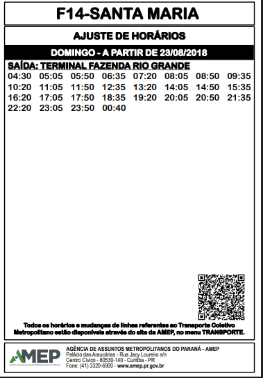 Informativo oficial da AMEP detalhando o ajuste de horários de domingo para a linha de ônibus F14 - Santa Maria, com partidas do Terminal Fazenda Rio Grande. O cronograma é válido desde 23/08/2018 e apresenta tabela de horários e QR Code.