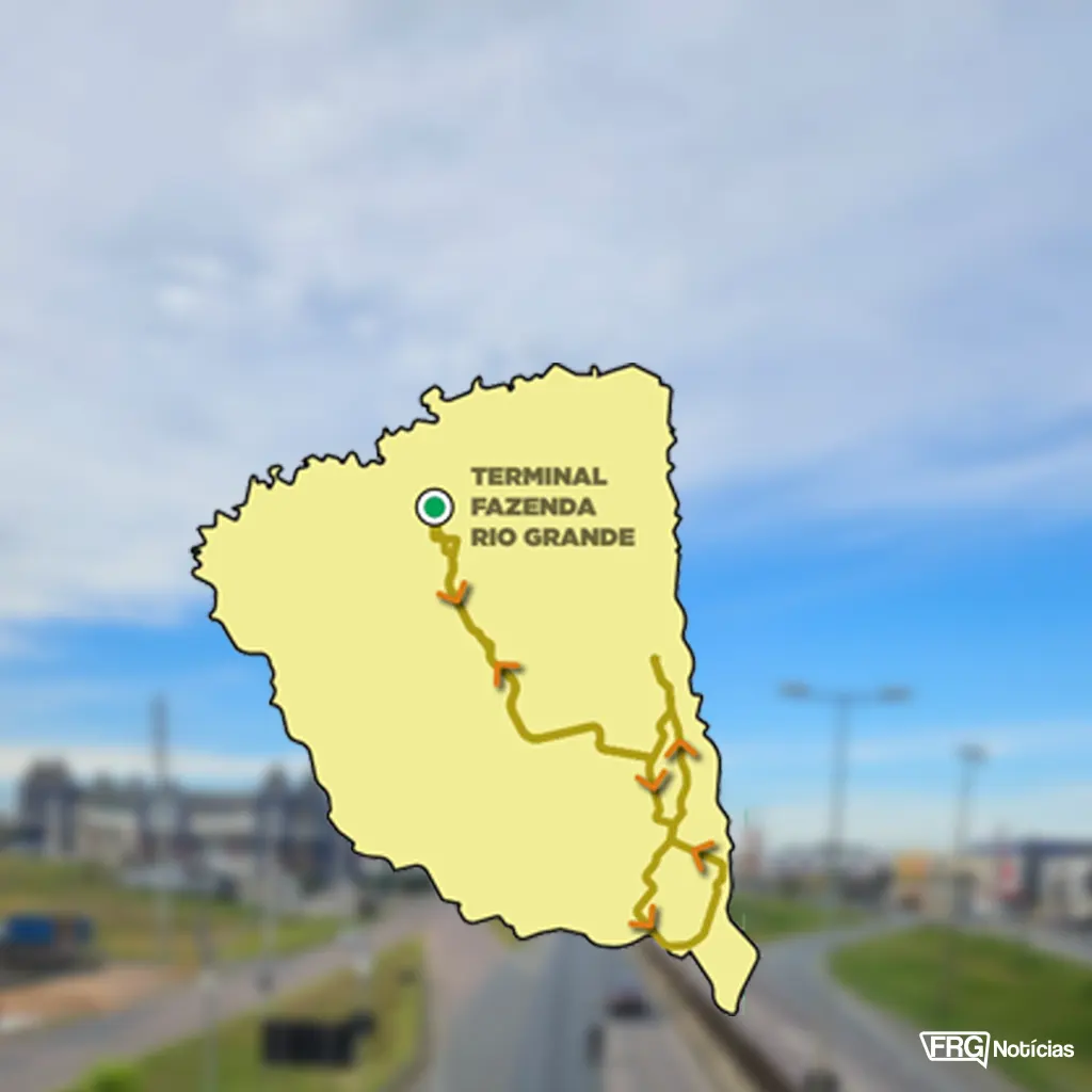 Mapa estilizado do itinerário da linha de ônibus F99 – Fazenda Rio Grande / Passo Amarelo, destacando o trajeto a partir do Terminal Fazenda Rio Grande sobre um mapa amarelo da região.