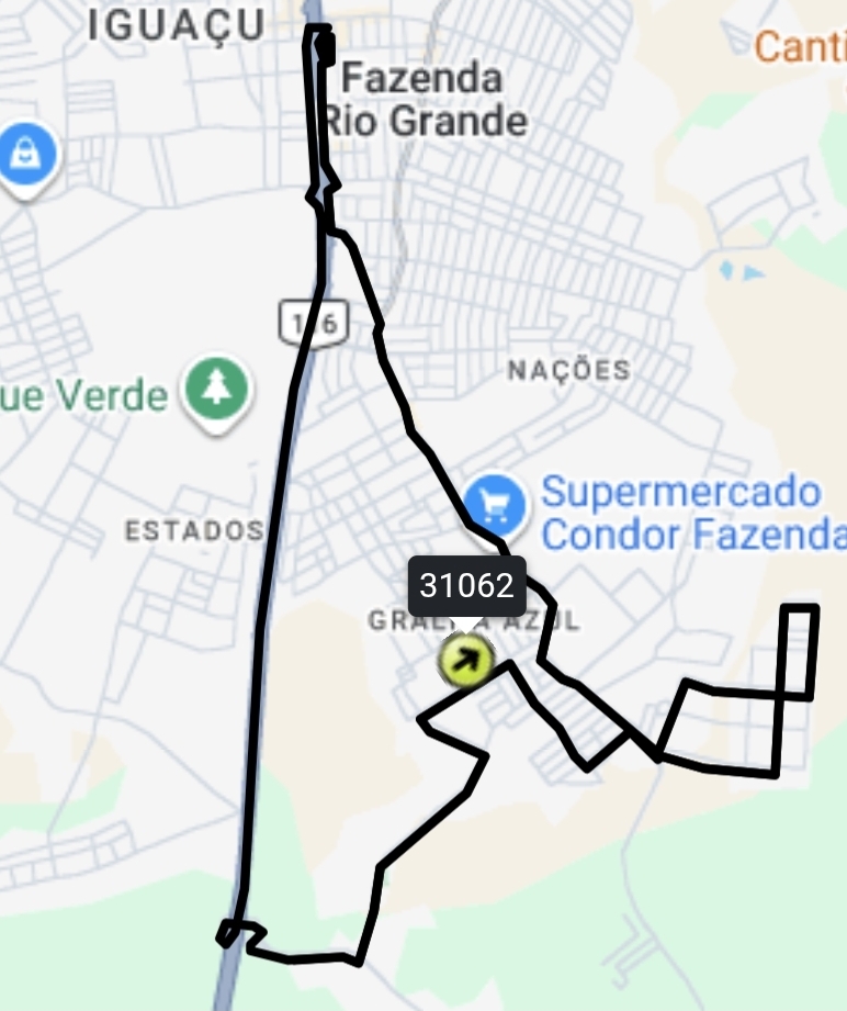 Mapa rodoviário da linha de ônibus F30 em Fazenda Rio Grande. Uma linha preta sinuosa sobrepõe-se às ruas dos bairros Nações, Estados e Gralha Azul, indicando o trajeto completo desde o Terminal até ao final da linha no bairro Gralha Azul. O mapa inclui ícones de localização e nomes de ruas e estabelecimentos comerciais.