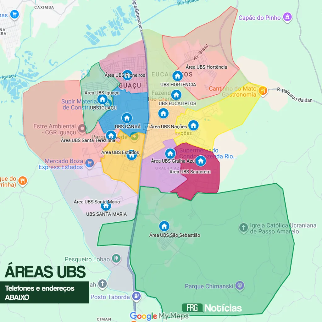 Mapa colorido de Fazenda Rio Grande dividido em áreas de diferentes cores (rosa, verde, azul, amarelo, roxo e cinza), representando as regiões de atendimento de cada Unidade Básica de Saúde (UBS). Ícones de casas azuis marcam a localização de unidades como UBS Hortência, Eucaliptos, Nações, Santa Maria e São Sebastião. No canto inferior esquerdo, um quadro verde com o texto ÁREAS UBS - Telefones e endereços ABAIXO e o logotipo FRG Notícias no canto inferior direito.