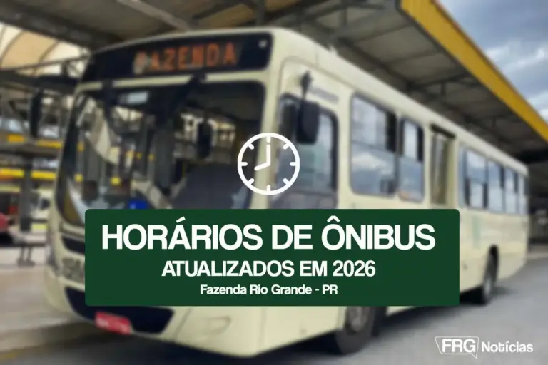 Ônibus metropolitano no Terminal Fazenda Rio Grande com sobreposição de texto: "Horários de Ônibus Atualizados em 2026 - Fazenda Rio Grande - PR" e logotipo FRG Notícias.