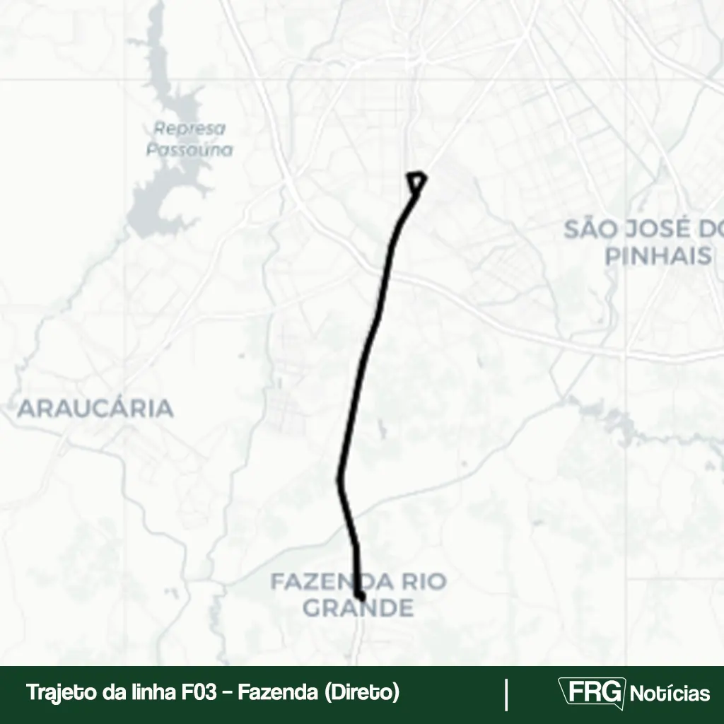 Mapa simplificado em tons de cinza mostrando o trajeto em linha preta da linha de ônibus F03 – Fazenda (Direto), conectando Fazenda Rio Grande a Curitiba.