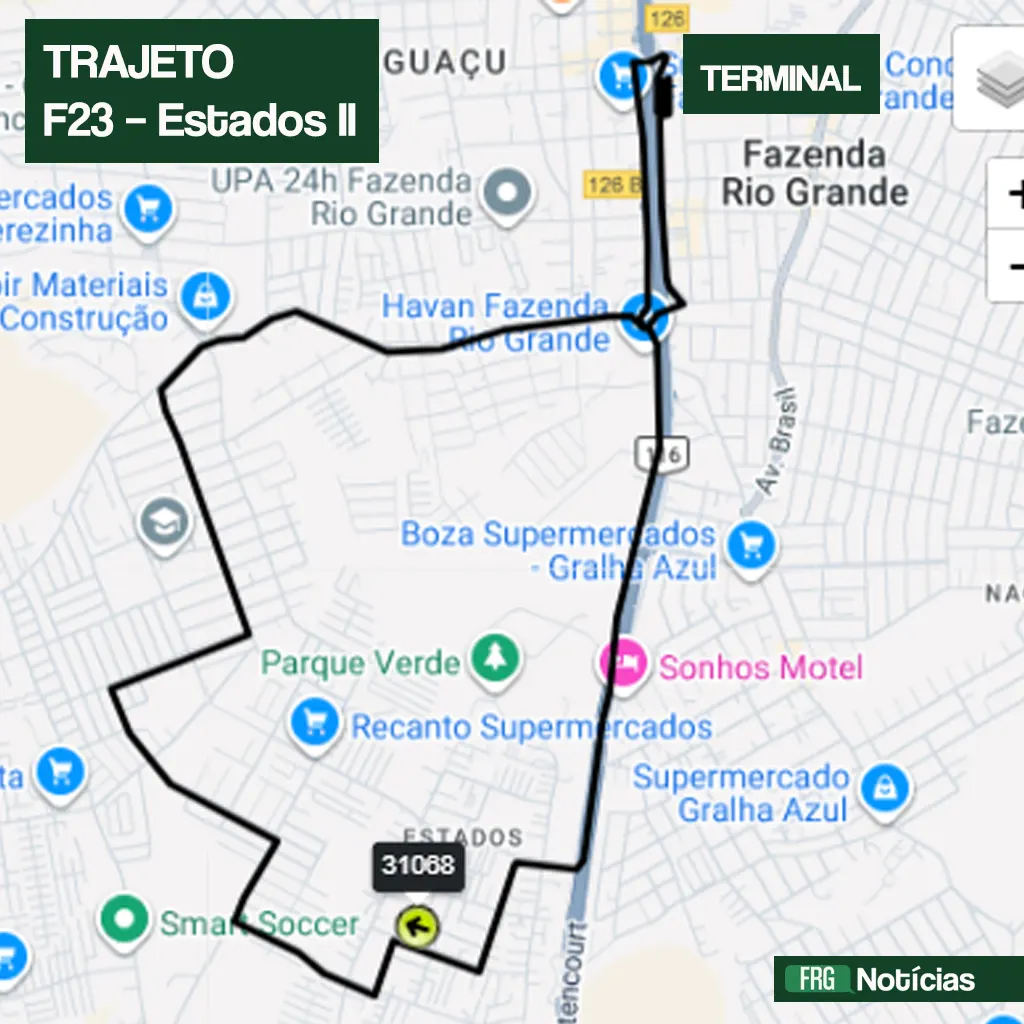 Mapa do trajeto da linha de ônibus F23 - Estados II em Fazenda Rio Grande, saindo do Terminal metropolitano e percorrendo o bairro Estados.