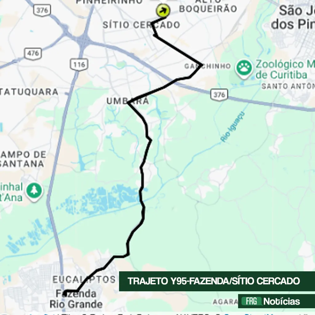 Mapa geográfico de satélite mostrando a rota de ônibus em linha preta contínua conectando o Terminal Fazenda Rio Grande, no sul, ao Terminal Sítio Cercado, no norte. O mapa inclui marcos como a BR-116, os bairros Eucaliptos, Umbará e Ganchinho, e o Zoológico de Curitiba. Há um ícone amarelo com uma seta indicando o ponto final no Sítio Cercado e um banner de texto verde no canto inferior direito com os dizeres 'TRAJETO Y95-FAZENDA/SÍTIO CERCADO' e o logotipo 'FRG Notícias'.