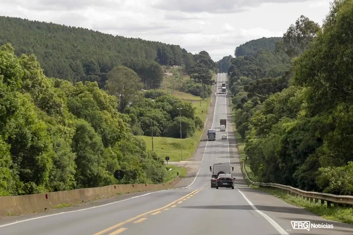 Fotografia de um trecho de pista simples da rodovia BR-116 cercada por vegetação densa e pinheiros. No centro da imagem, a estrada apresenta um declive e aclive, com alguns caminhões e carros circulando. O céu está nublado e, no canto inferior direito, há uma marca d'água escrito FRG Notícias.