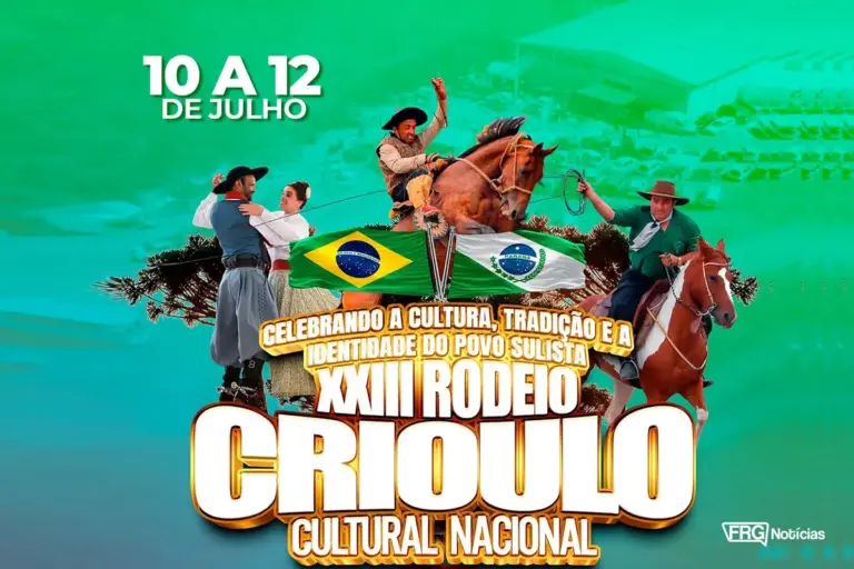 Cartaz oficial do XXIII Rodeio Crioulo Cultural Nacional em Fazenda Rio Grande, de 10 a 12 de julho, celebrando a cultura e tradição sulista com provas de montaria, laço e danças típicas gaúchas.
