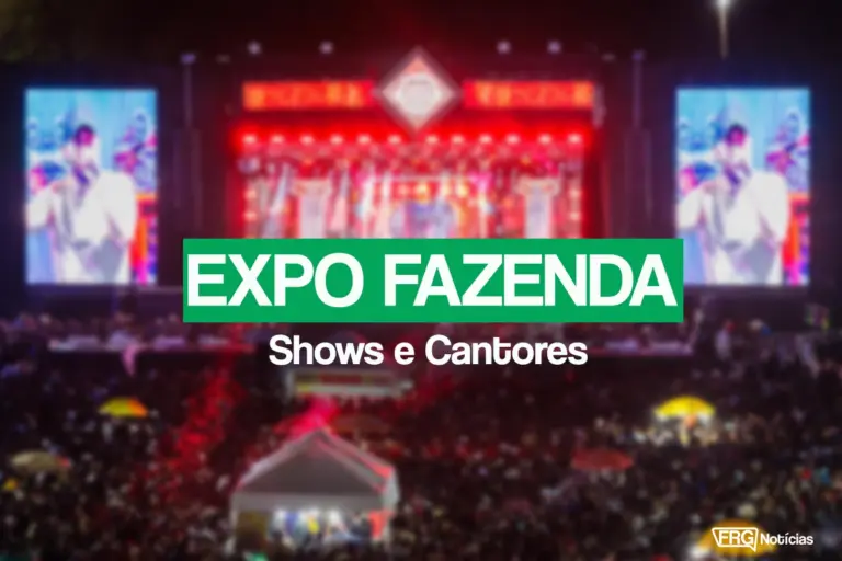 Palco principal iluminado em vermelho durante show da Expo Fazenda em Fazenda Rio Grande, com grande público na plateia e telões laterais acesos. No centro da imagem, há um letreiro verde com o texto EXPO FAZENDA Shows e Cantores e o logotipo FRG Notícias no canto inferior direito.