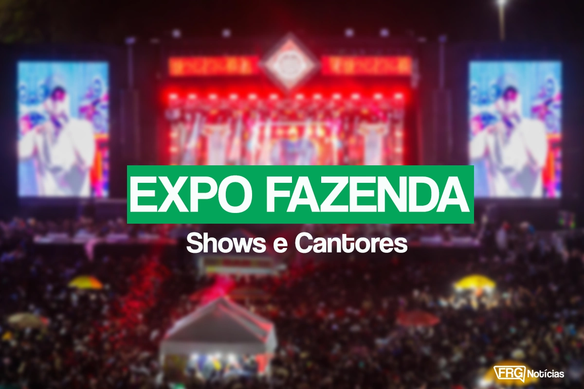 Palco principal iluminado em vermelho durante show da Expo Fazenda em Fazenda Rio Grande, com grande público na plateia e telões laterais acesos. No centro da imagem, há um letreiro verde com o texto EXPO FAZENDA Shows e Cantores e o logotipo FRG Notícias no canto inferior direito.
