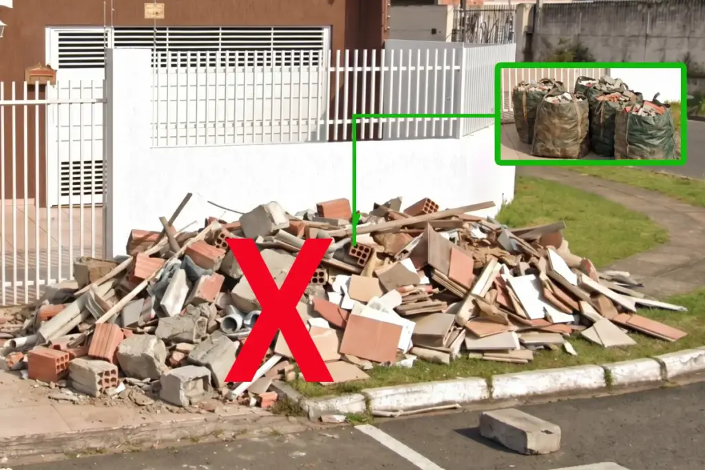 Uma imagem educativa que compara duas formas de descarte de entulho em frente a uma casa. A pilha principal, bagunçada e jogada diretamente na calçada, tem um grande "X" vermelho. Uma linha verde leva a um pequeno quadro no canto superior direito que mostra a forma correta: entulho ensacado em cinco grandes sacos de ráfia verdes e marrons.