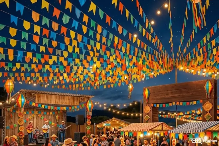 Fotografia panorâmica de uma tradicional Festa Junina ao ar livre em Fazenda Rio Grande (PR). Céu estrelado coberto por milhares de bandeirinhas coloridas e varais de luzes. No cenário, há um palco rústico de madeira com músicos, barracas de comidas típicas e público celebrando. Logo do portal FRG Notícias no canto inferior direito.